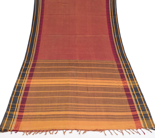 Sushila Vintage Pure Handloom Cotton Saree Stripes Woven Maroon 5YD Sari Fabric