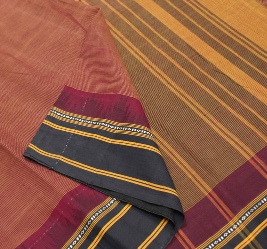 Sushila Vintage Pure Handloom Cotton Saree Stripes Woven Maroon 5YD Sari Fabric