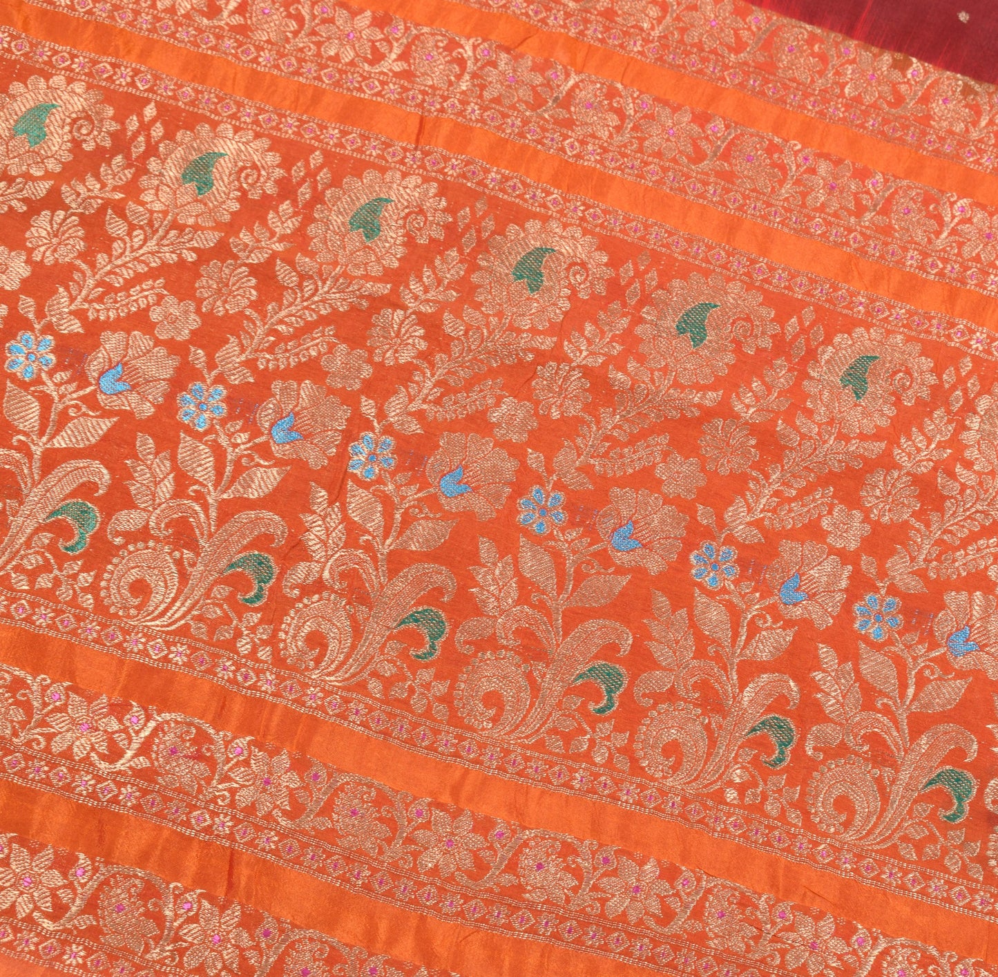 Sushila Vintage Pure Kanchipuram Silk Saree Maroon Orange Zari Woven Sari Fabric