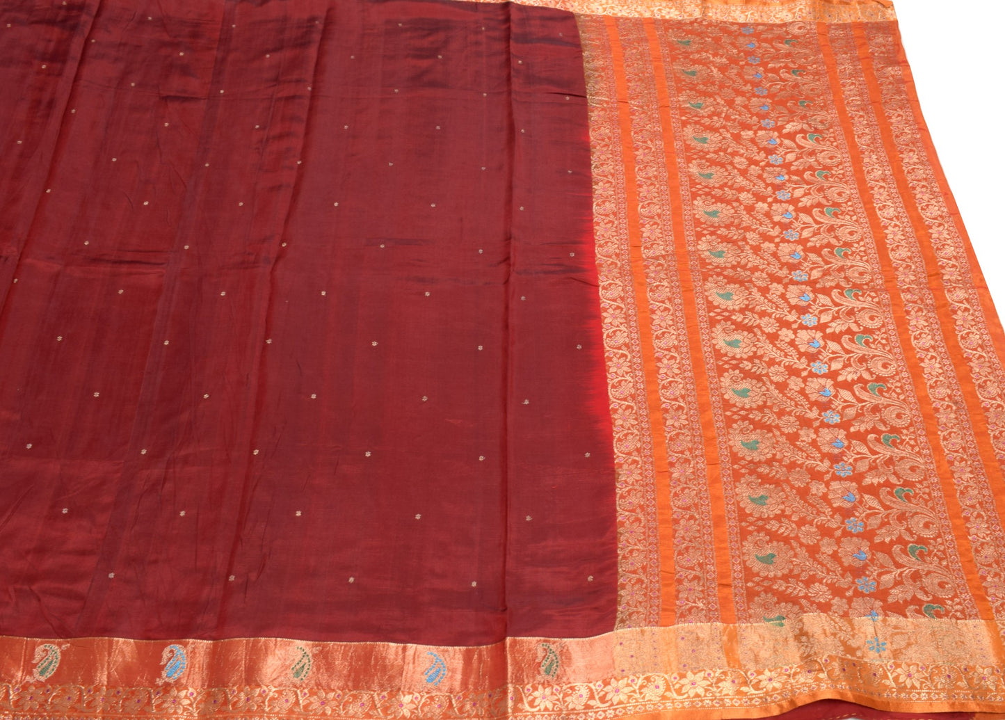 Sushila Vintage Pure Kanchipuram Silk Saree Maroon Orange Zari Woven Sari Fabric