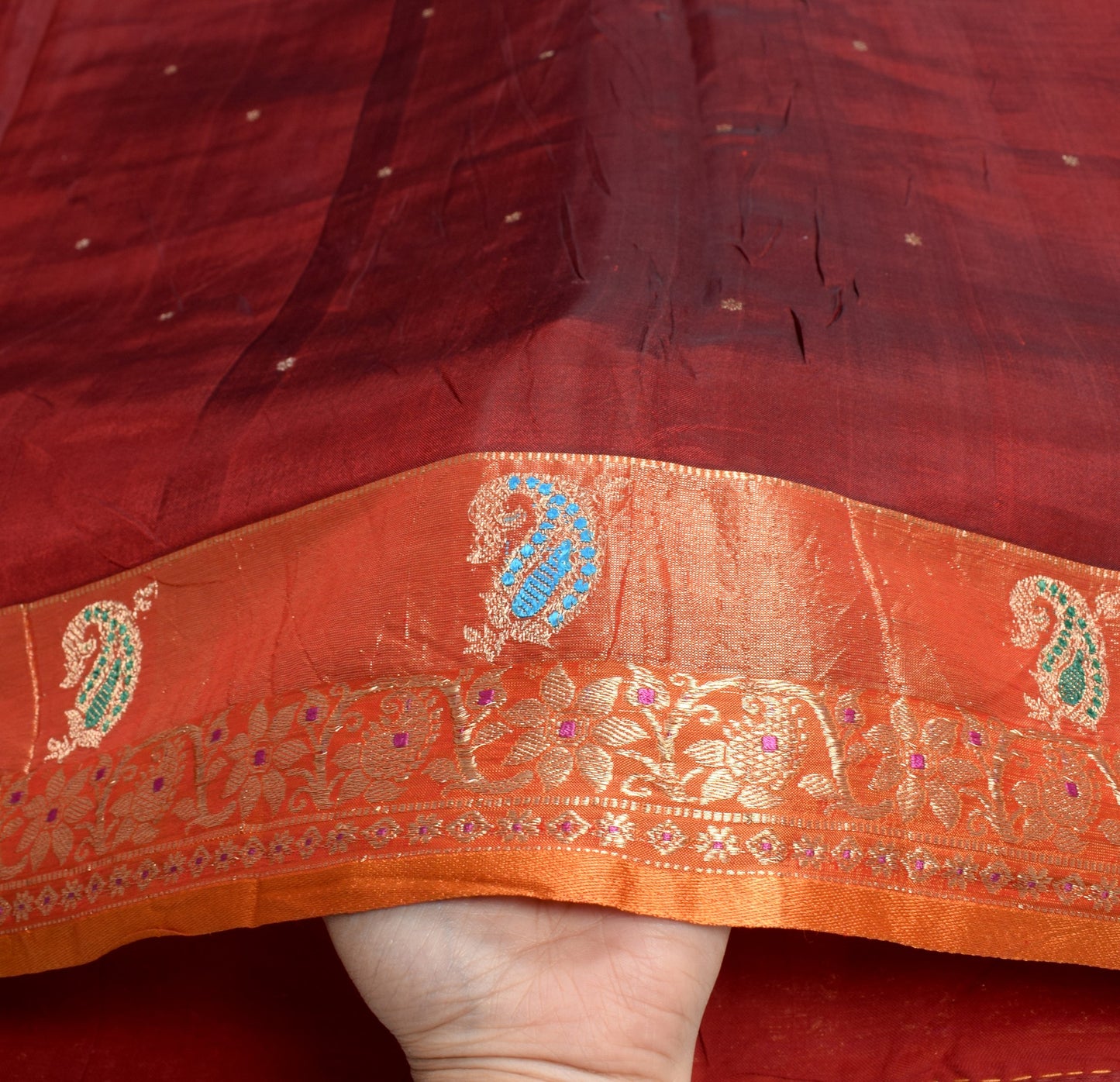 Sushila Vintage Pure Kanchipuram Silk Saree Maroon Orange Zari Woven Sari Fabric