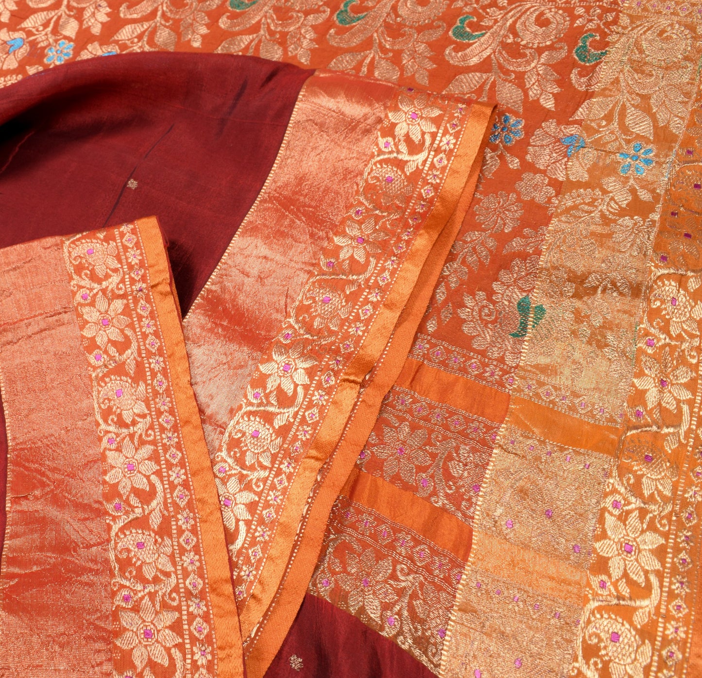 Sushila Vintage Pure Kanchipuram Silk Saree Maroon Orange Zari Woven Sari Fabric