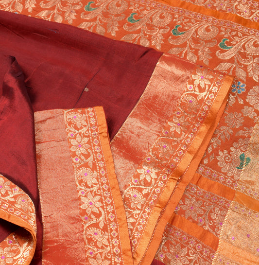 Sushila Vintage Pure Kanchipuram Silk Saree Maroon Orange Zari Woven Sari Fabric