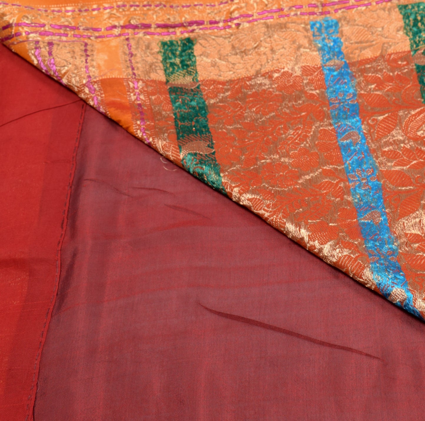 Sushila Vintage Pure Kanchipuram Silk Saree Maroon Orange Zari Woven Sari Fabric