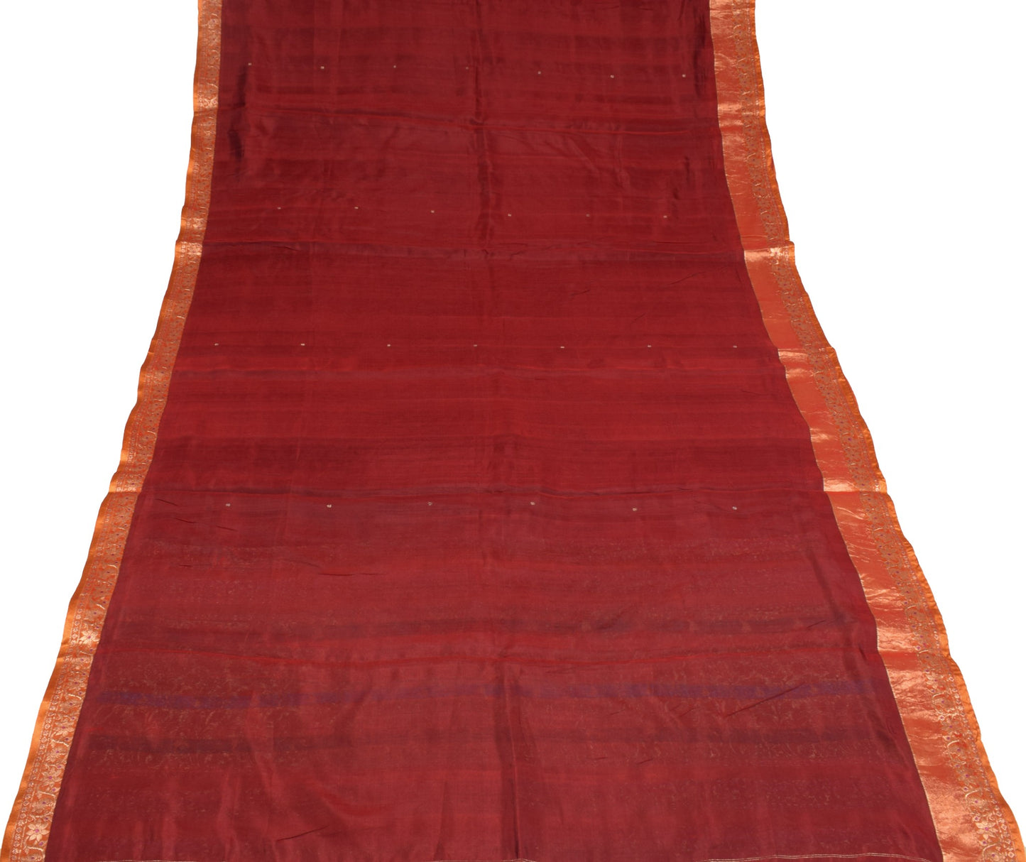 Sushila Vintage Pure Kanchipuram Silk Saree Maroon Orange Zari Woven Sari Fabric