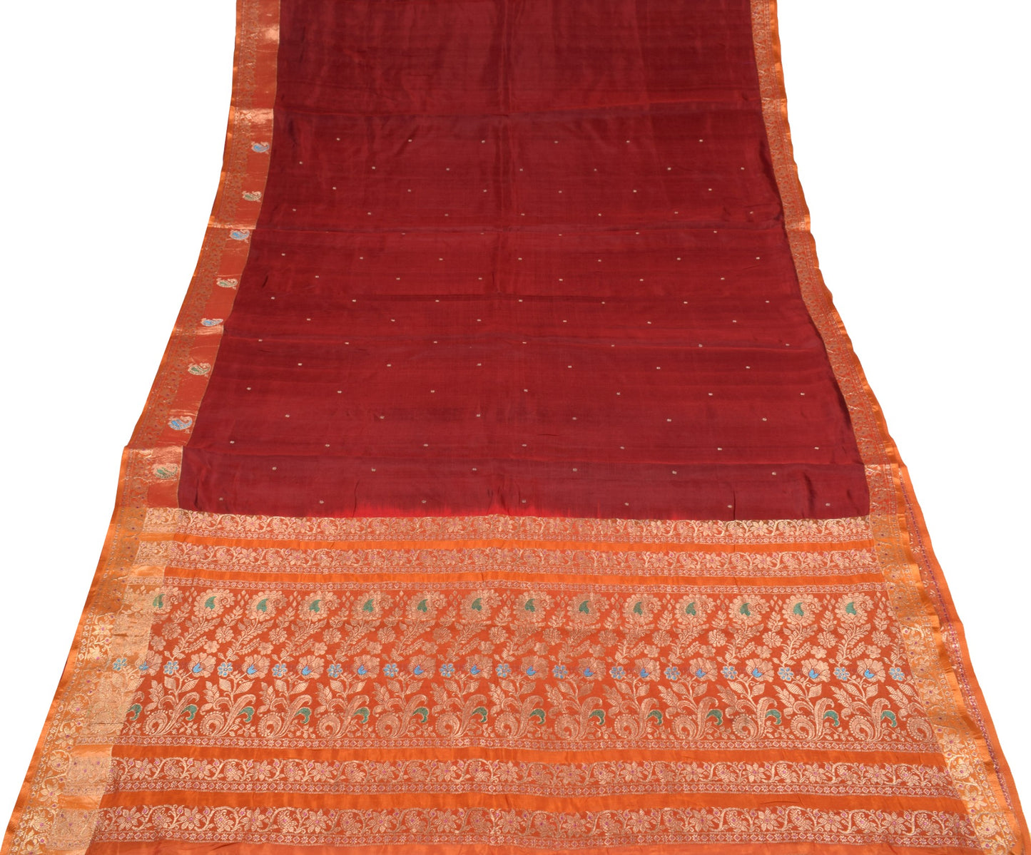 Sushila Vintage Pure Kanchipuram Silk Saree Maroon Orange Zari Woven Sari Fabric