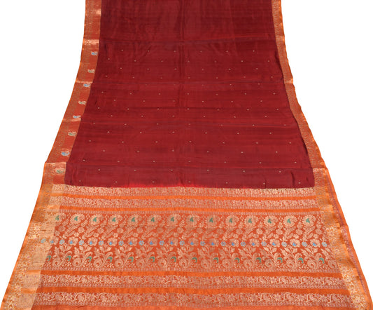 Sushila Vintage Pure Kanchipuram Silk Saree Maroon Orange Zari Woven Sari Fabric