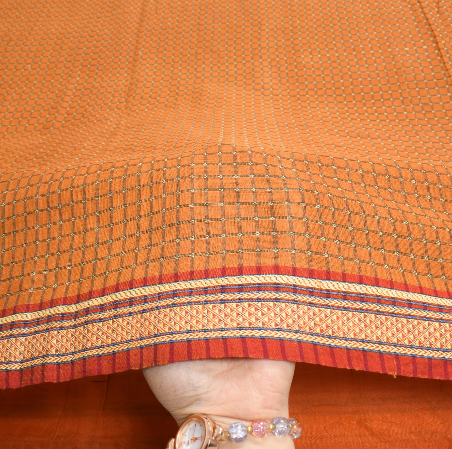 Sushila Vintage Mustard Chettinad Saree Pure Cotton Checks Woven 5YD Sari Fabric