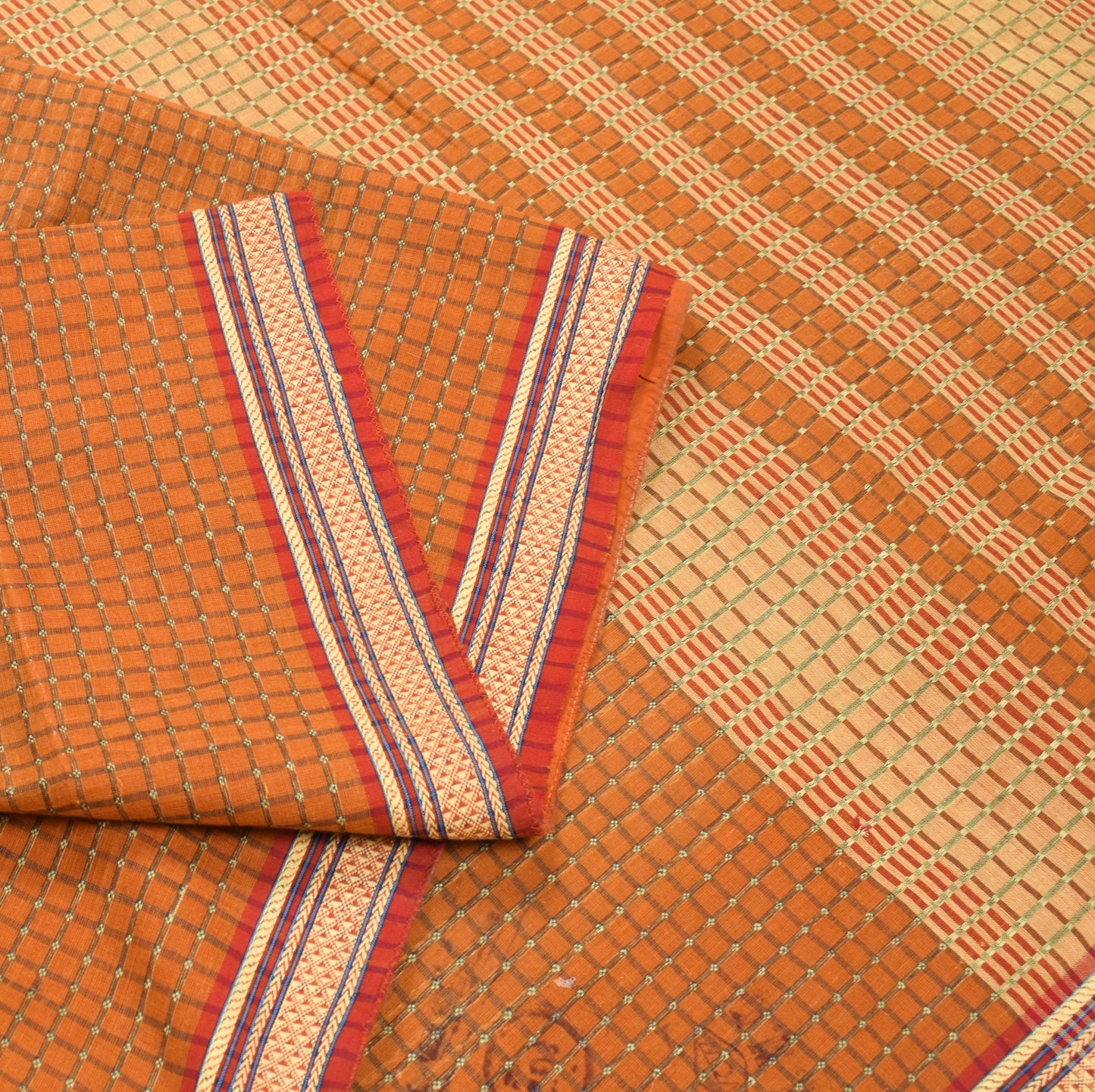 Sushila Vintage Mustard Chettinad Saree Pure Cotton Checks Woven 5YD Sari Fabric