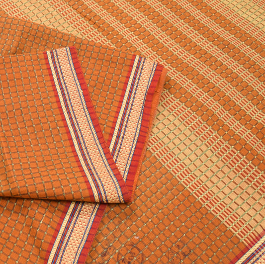 Sushila Vintage Mustard Chettinad Saree Pure Cotton Checks Woven 5YD Sari Fabric