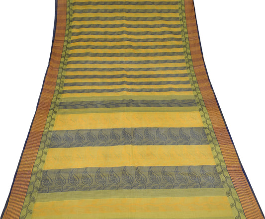 Sushila Vintage Pure Handloom Cotton Saree Yellow Blue Leaves Woven Sari Fabric