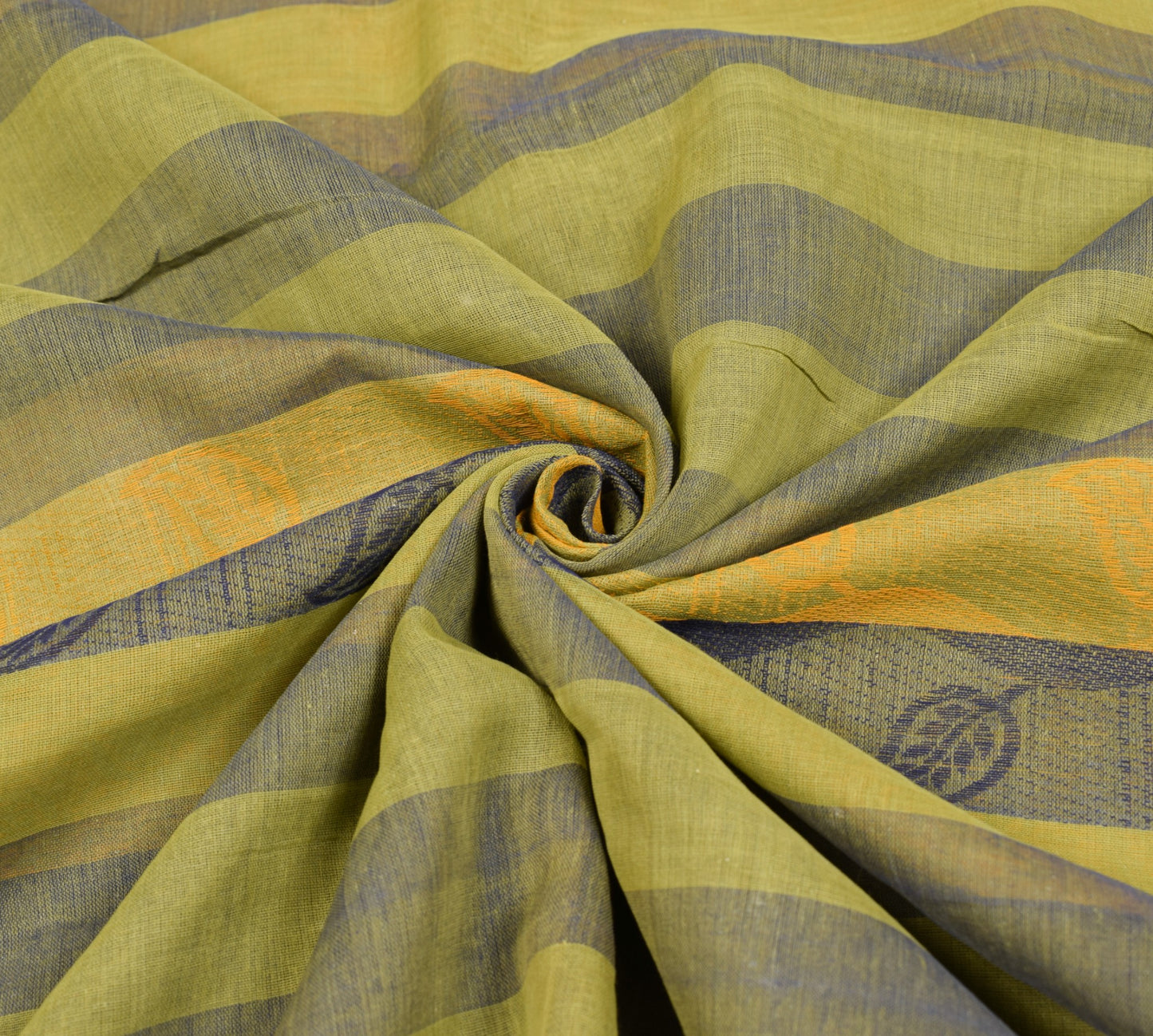 Sushila Vintage Pure Handloom Cotton Saree Yellow Blue Leaves Woven Sari Fabric