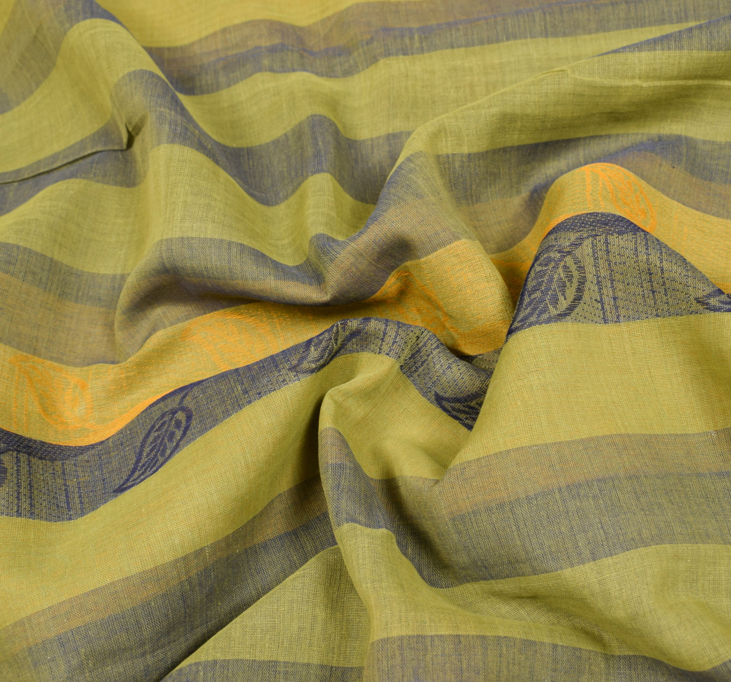 Sushila Vintage Pure Handloom Cotton Saree Yellow Blue Leaves Woven Sari Fabric