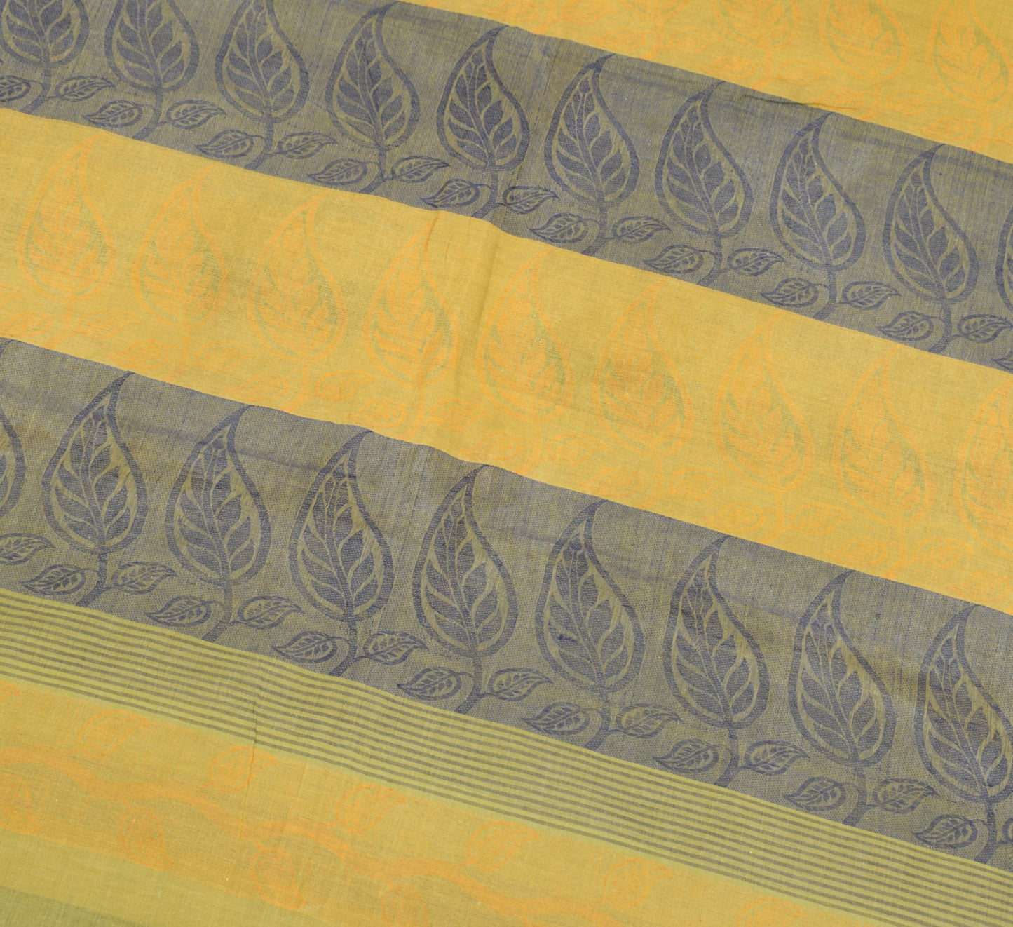 Sushila Vintage Pure Handloom Cotton Saree Yellow Blue Leaves Woven Sari Fabric