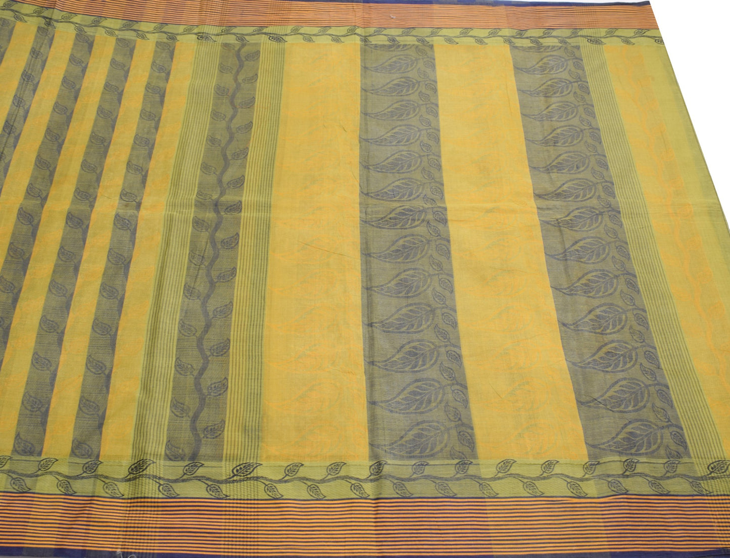 Sushila Vintage Pure Handloom Cotton Saree Yellow Blue Leaves Woven Sari Fabric