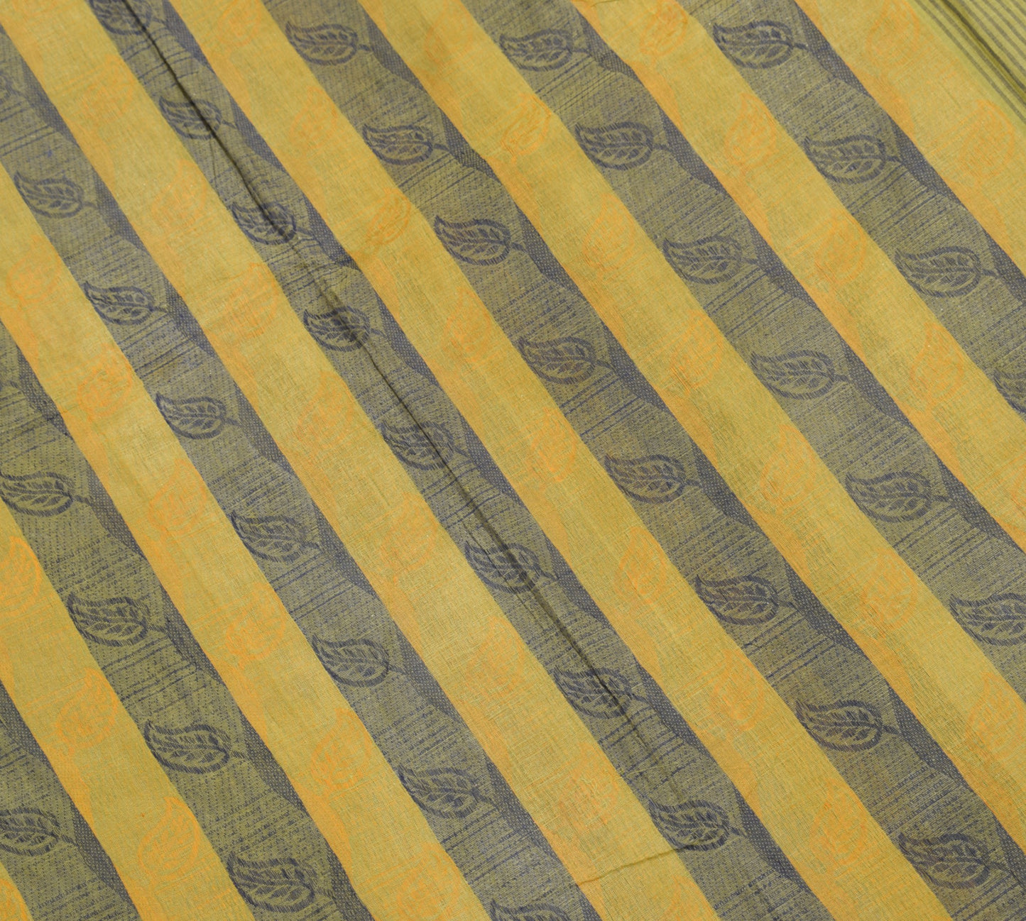 Sushila Vintage Pure Handloom Cotton Saree Yellow Blue Leaves Woven Sari Fabric