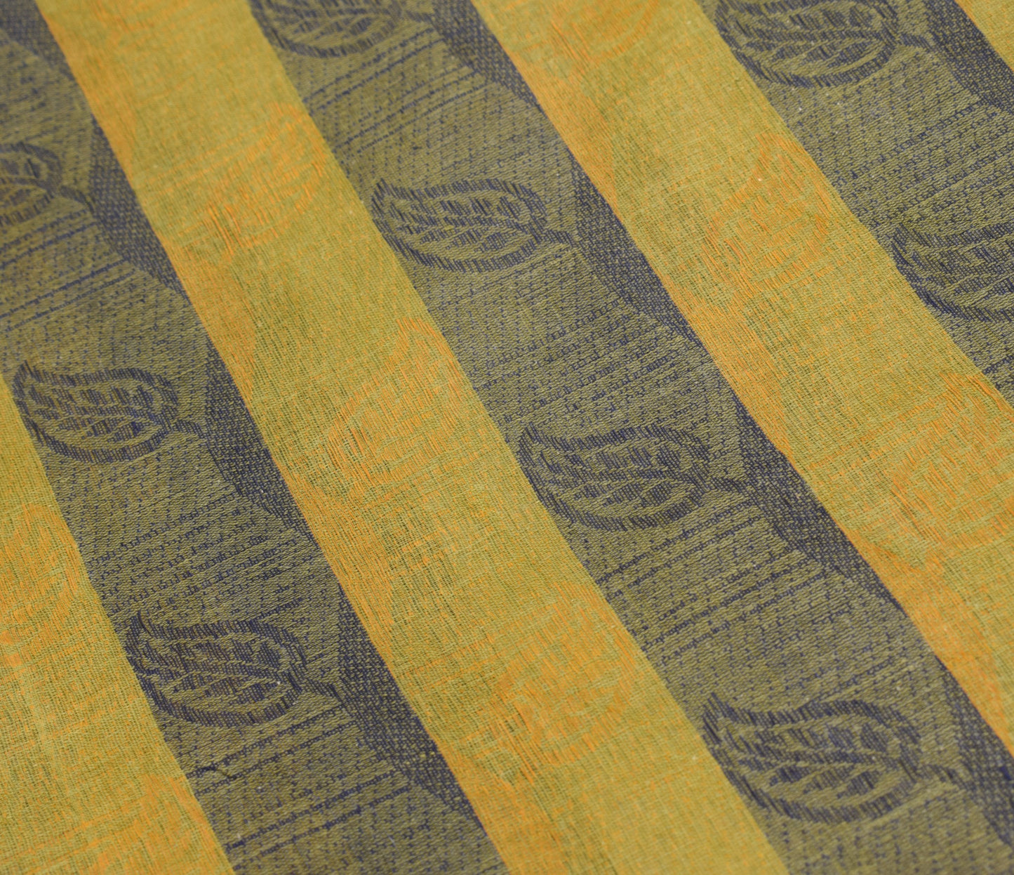 Sushila Vintage Pure Handloom Cotton Saree Yellow Blue Leaves Woven Sari Fabric