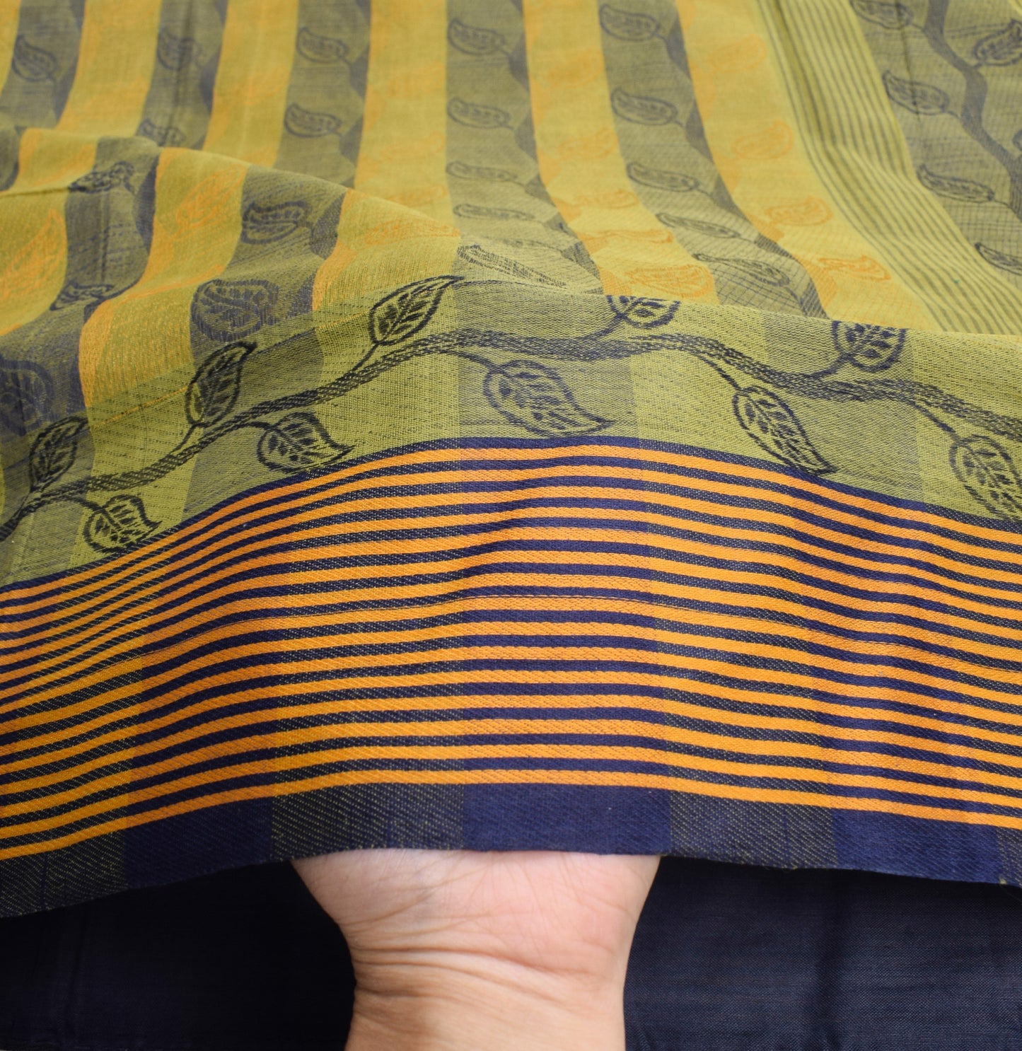 Sushila Vintage Pure Handloom Cotton Saree Yellow Blue Leaves Woven Sari Fabric