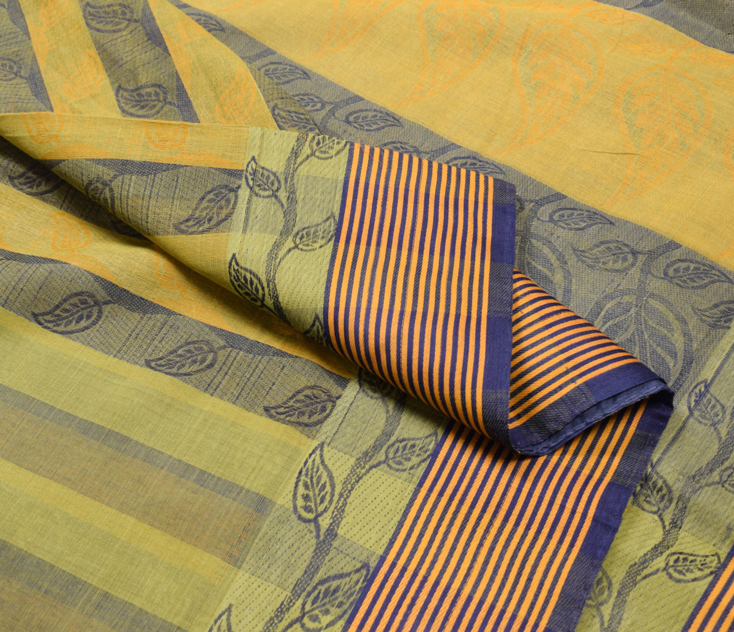 Sushila Vintage Pure Handloom Cotton Saree Yellow Blue Leaves Woven Sari Fabric