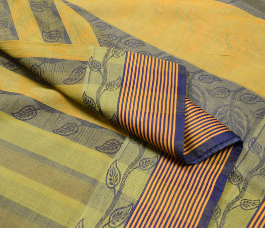 Sushila Vintage Pure Handloom Cotton Saree Yellow Blue Leaves Woven Sari Fabric
