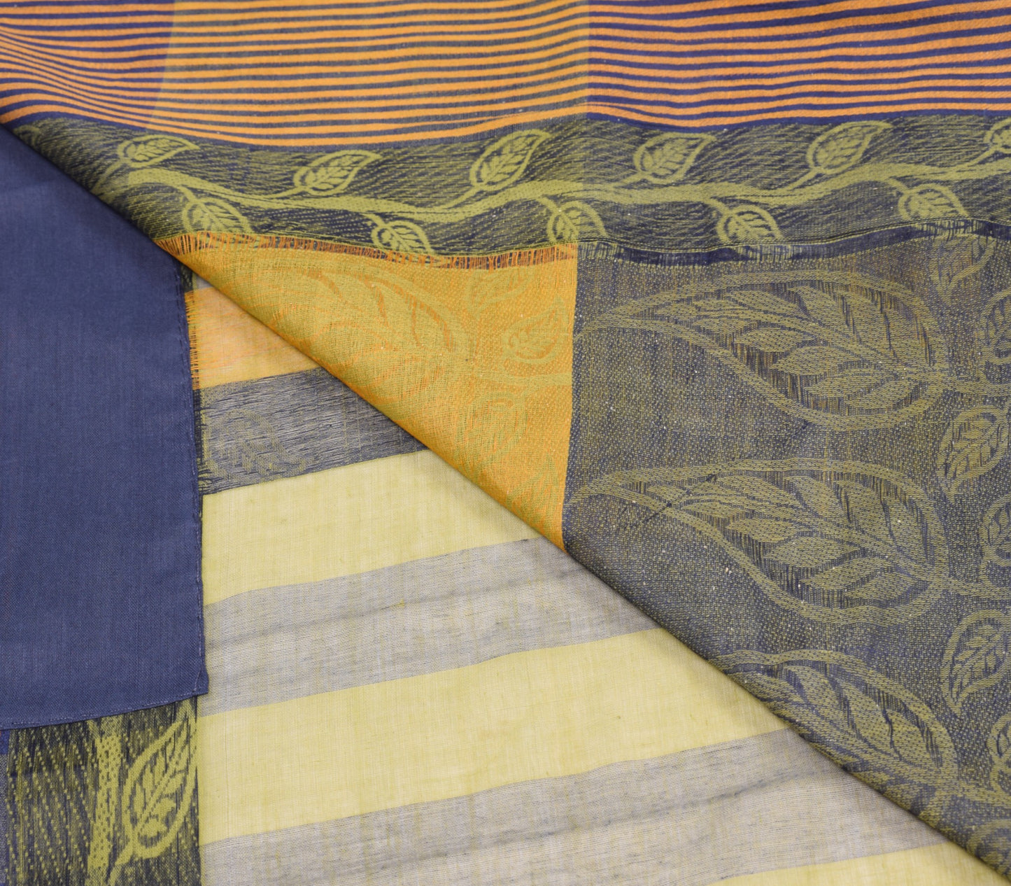 Sushila Vintage Pure Handloom Cotton Saree Yellow Blue Leaves Woven Sari Fabric