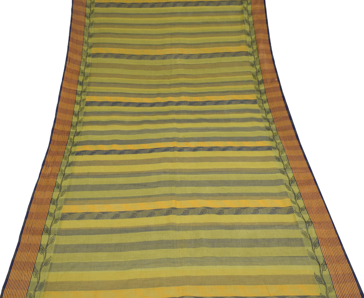 Sushila Vintage Pure Handloom Cotton Saree Yellow Blue Leaves Woven Sari Fabric