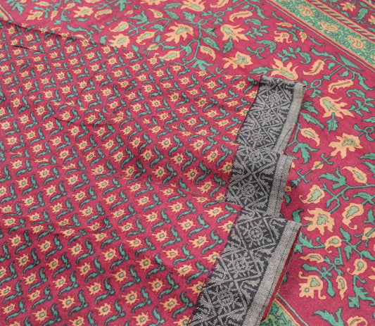 Sushila Vintage BRANDED Magenta Saree Pure Woolen Floral Print Soft Sari Fabric