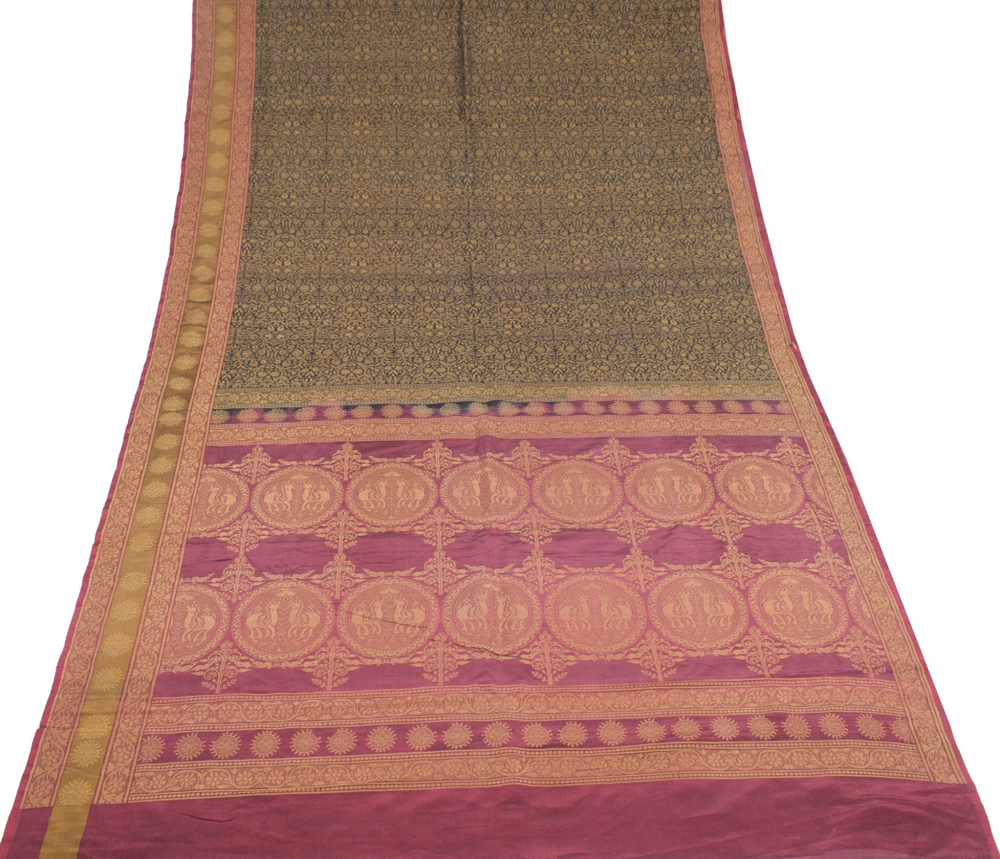 Sushila Vintage Banarasi Woven Saree Pure Silk Black Floral Handloom Sari Fabric