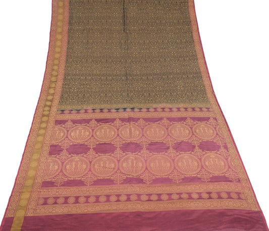 Sushila Vintage Banarasi Woven Saree Pure Silk Black Floral Handloom Sari Fabric