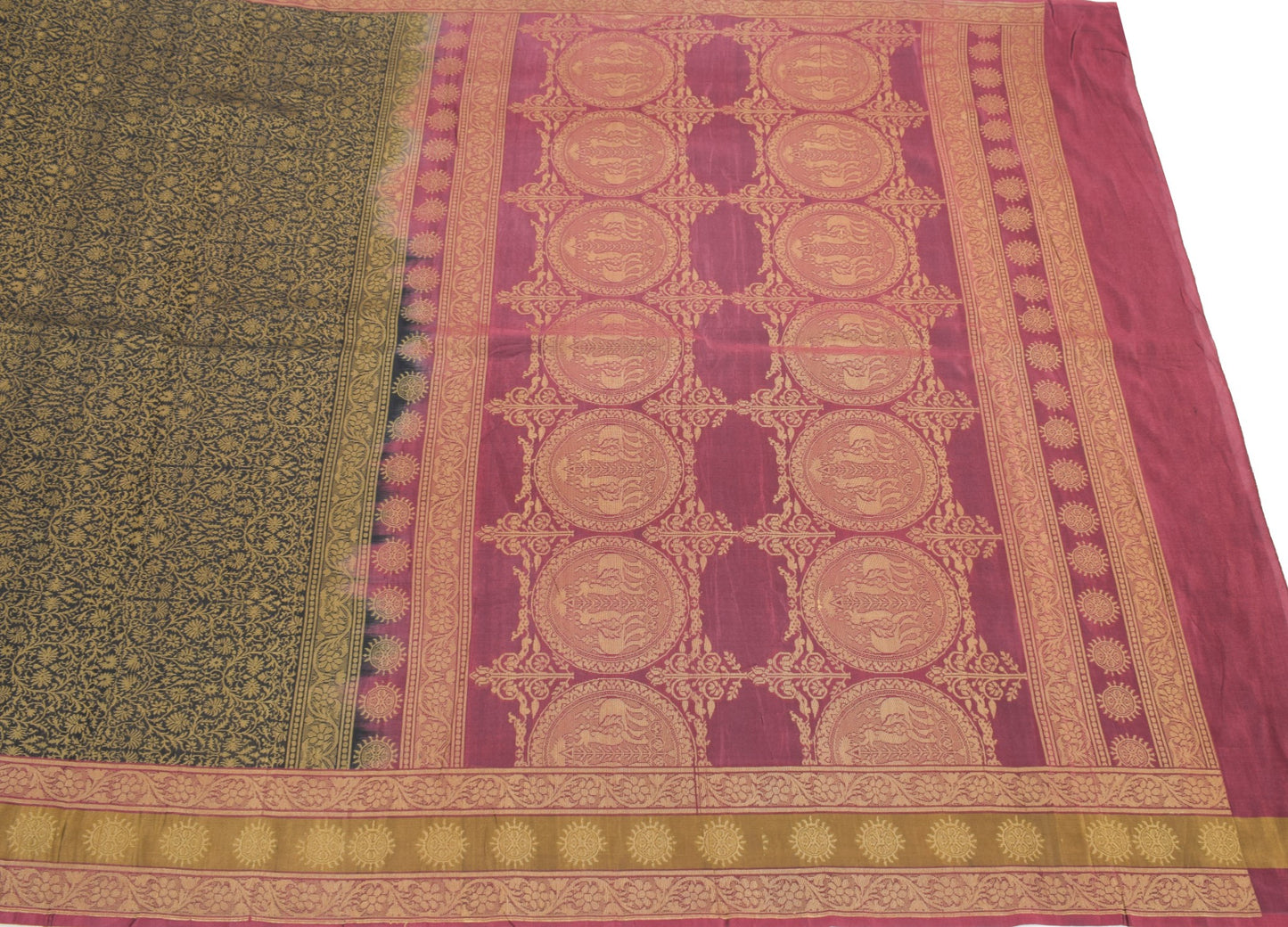 Sushila Vintage Banarasi Woven Saree Pure Silk Black Floral Handloom Sari Fabric
