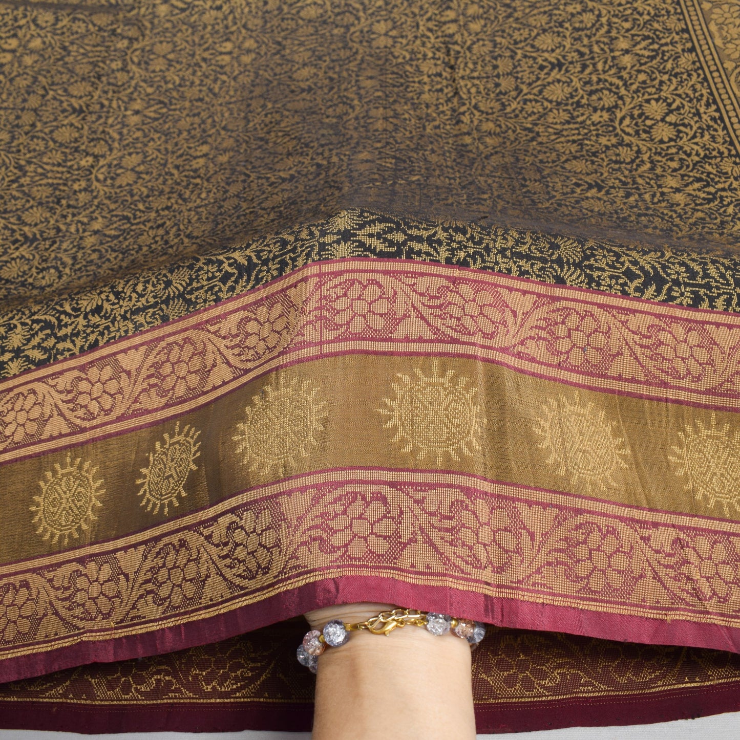 Sushila Vintage Banarasi Woven Saree Pure Silk Black Floral Handloom Sari Fabric