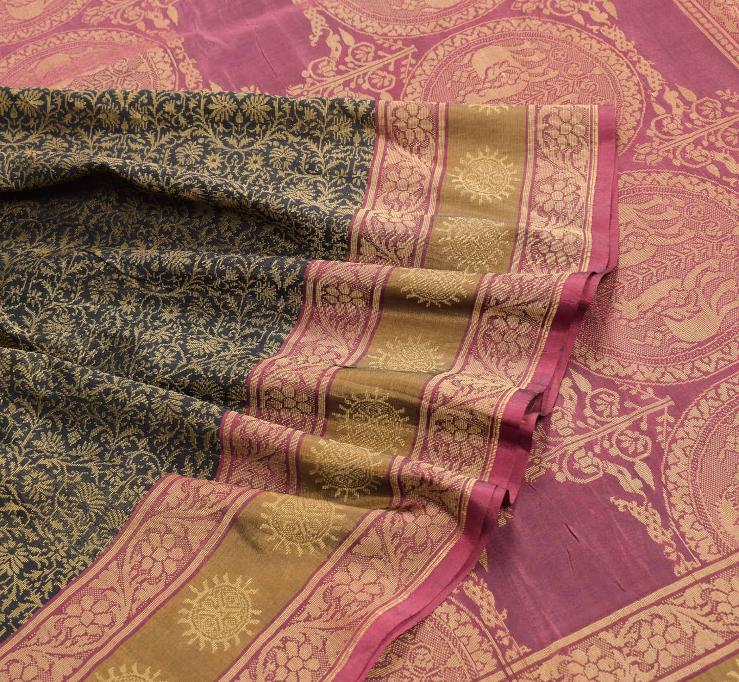 Sushila Vintage Banarasi Woven Saree Pure Silk Black Floral Handloom Sari Fabric
