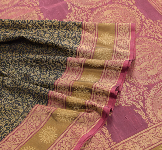 Sushila Vintage Banarasi Woven Saree Pure Silk Black Floral Handloom Sari Fabric