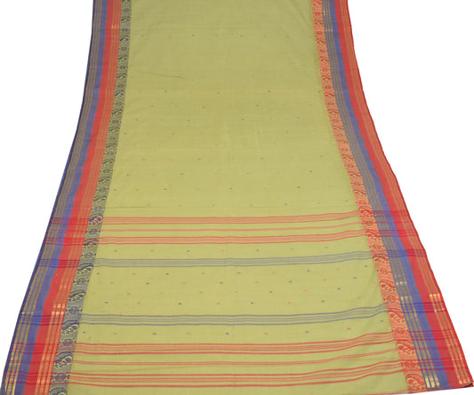 Sushila Vintage Bengal Tant Woven Saree Pure Cotton Green Handloom Sari Fabric