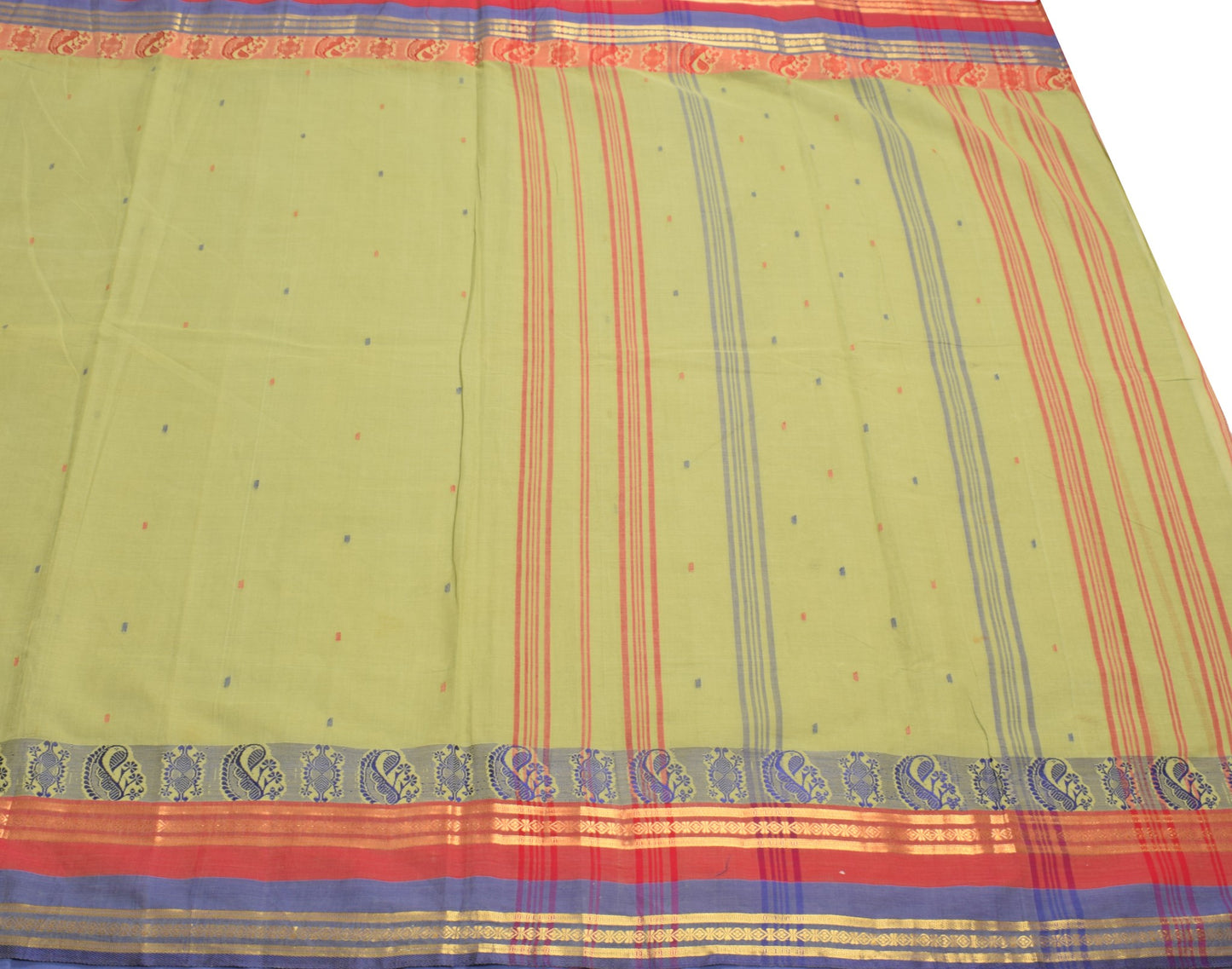 Sushila Vintage Bengal Tant Woven Saree Pure Cotton Green Handloom Sari Fabric