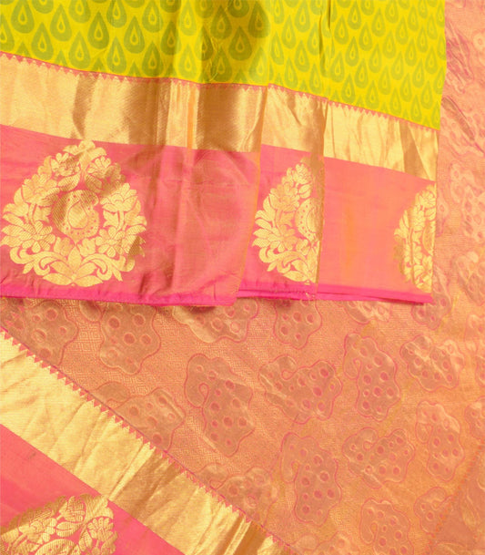 Sushila Vintage Yellow Pink Kanchipuram Saree HEAVY Pure Silk Zari Woven 5YDSari