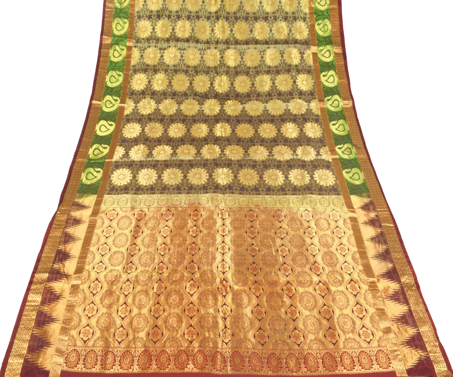 Sushila Vintage Kanchipuram Temple Border Saree Pure Silk Zari Woven HEAVY Sari
