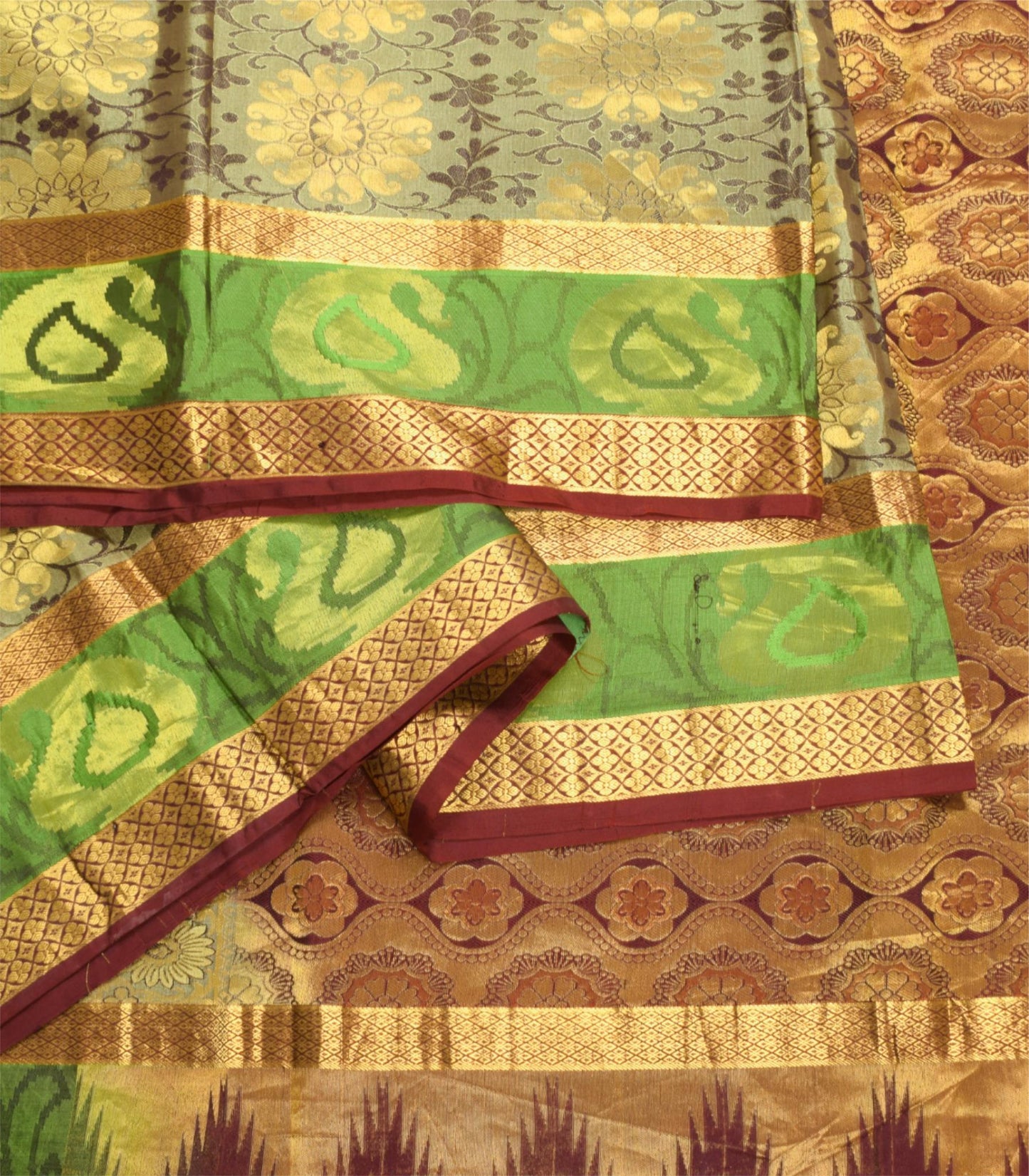 Sushila Vintage Kanchipuram Temple Border Saree Pure Silk Zari Woven HEAVY Sari