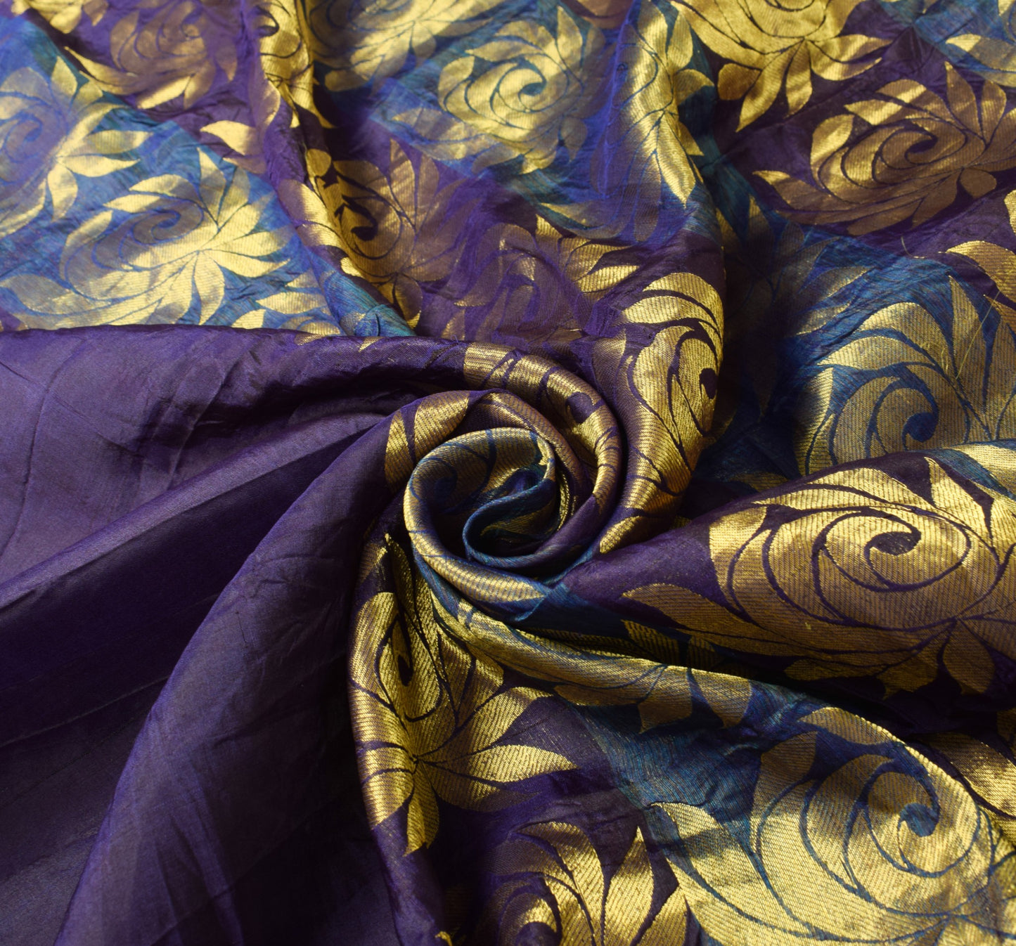 Sushila Vintage Pure Silk Sari Dark Purple Gold Floral Brocade Kanjivaram Saree