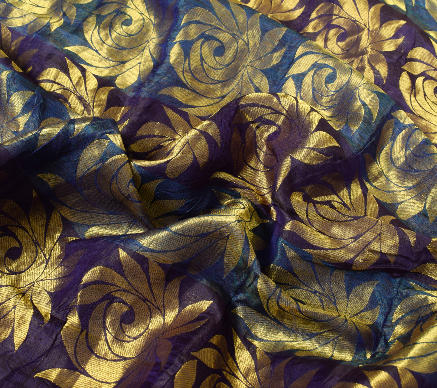 Sushila Vintage Pure Silk Sari Dark Purple Gold Floral Brocade Kanjivaram Saree