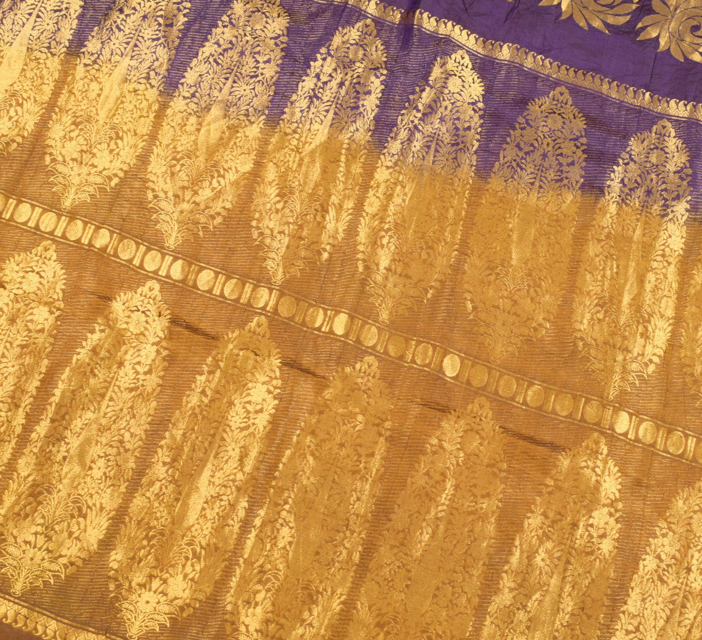 Sushila Vintage Pure Silk Sari Dark Purple Gold Floral Brocade Kanjivaram Saree
