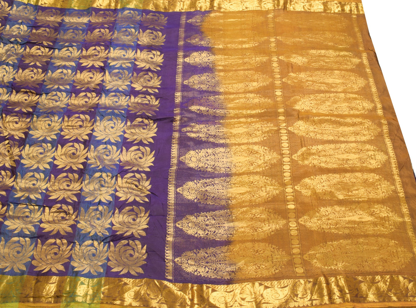 Sushila Vintage Pure Silk Sari Dark Purple Gold Floral Brocade Kanjivaram Saree