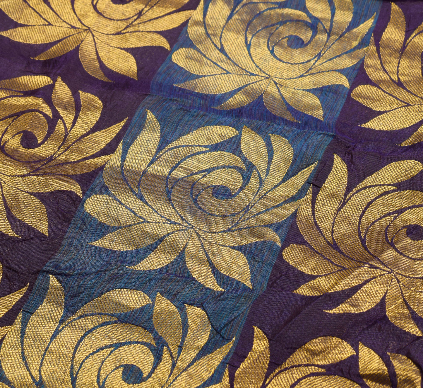 Sushila Vintage Pure Silk Sari Dark Purple Gold Floral Brocade Kanjivaram Saree