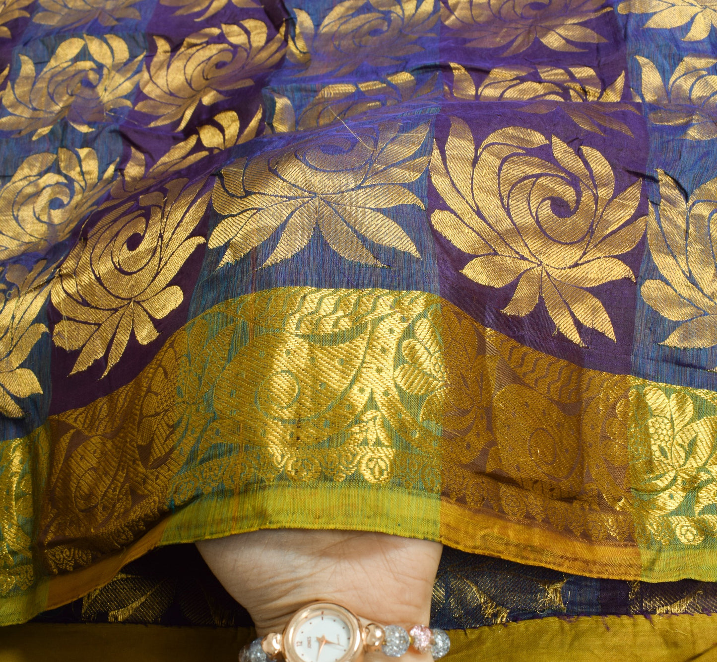 Sushila Vintage Pure Silk Sari Dark Purple Gold Floral Brocade Kanjivaram Saree