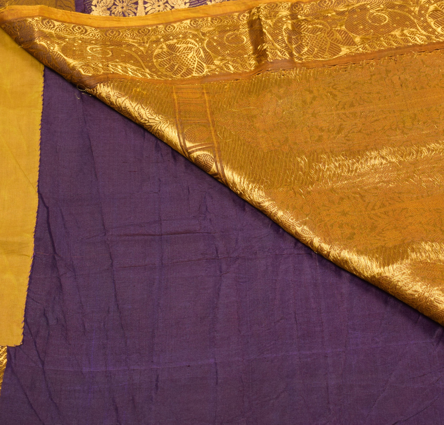 Sushila Vintage Pure Silk Sari Dark Purple Gold Floral Brocade Kanjivaram Saree