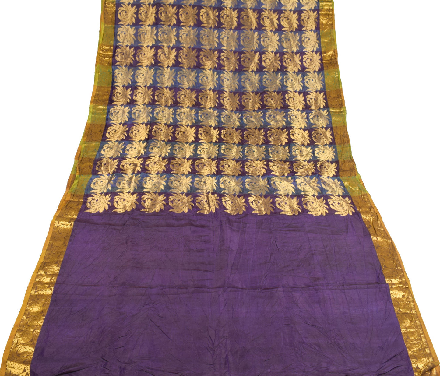 Sushila Vintage Pure Silk Sari Dark Purple Gold Floral Brocade Kanjivaram Saree