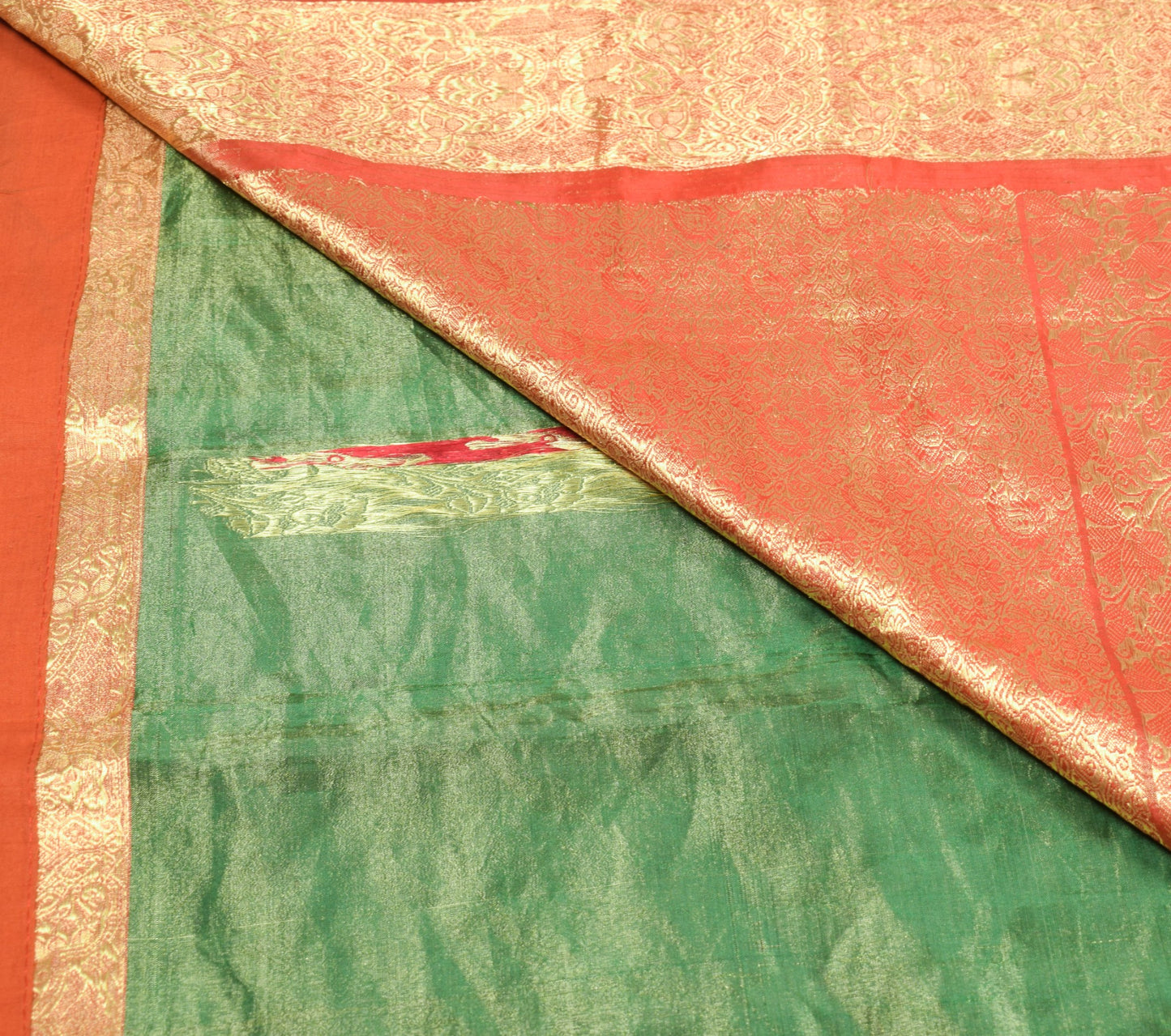 Sushila Vintage Orange Green Dual Tone Brocade Pure Kanjivaram Tissue Silk Saree
