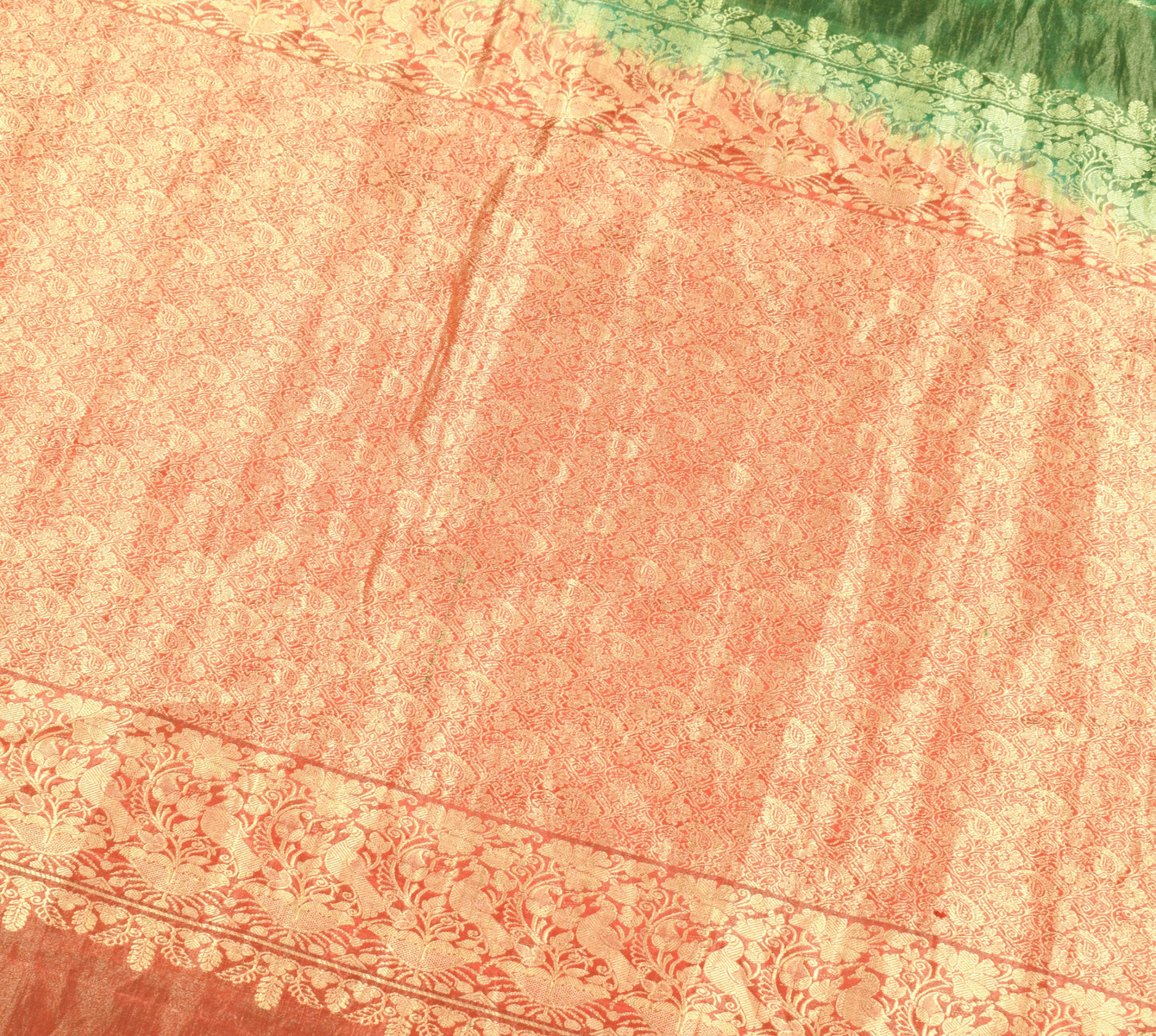 Sushila Vintage Orange Green Dual Tone Brocade Pure Kanjivaram Tissue Silk Saree