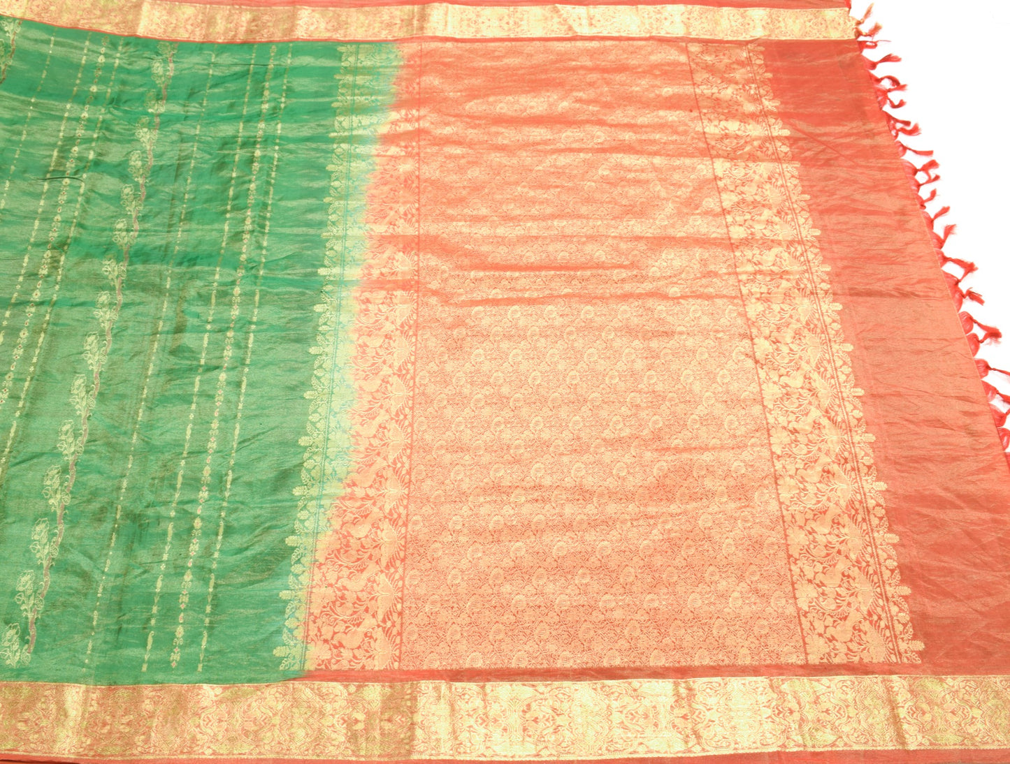 Sushila Vintage Orange Green Dual Tone Brocade Pure Kanjivaram Tissue Silk Saree