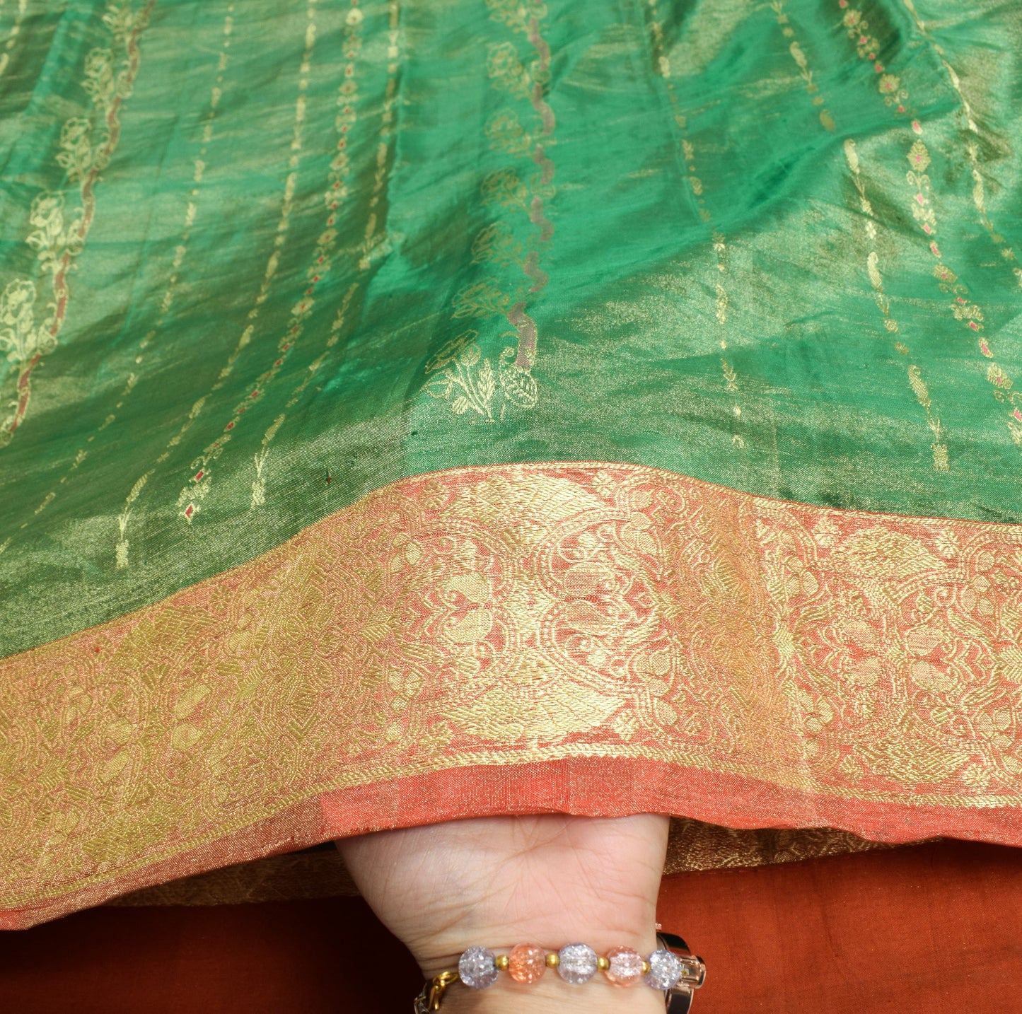 Sushila Vintage Orange Green Dual Tone Brocade Pure Kanjivaram Tissue Silk Saree